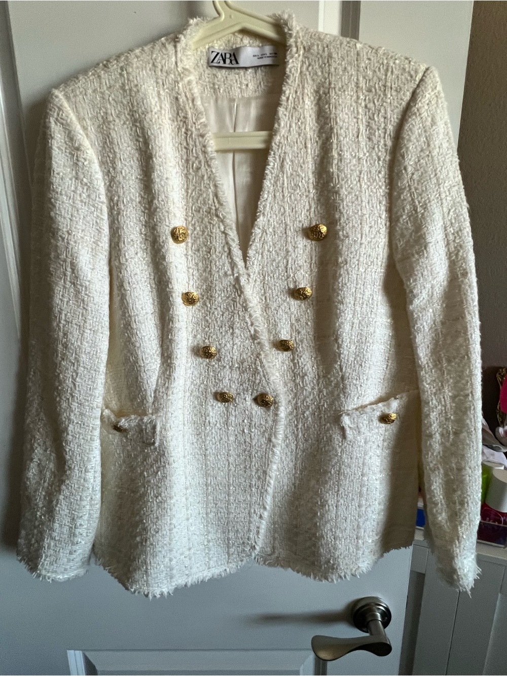 Zara Ivory Bouclé Double-Breasted Blazer with Gold Buttons